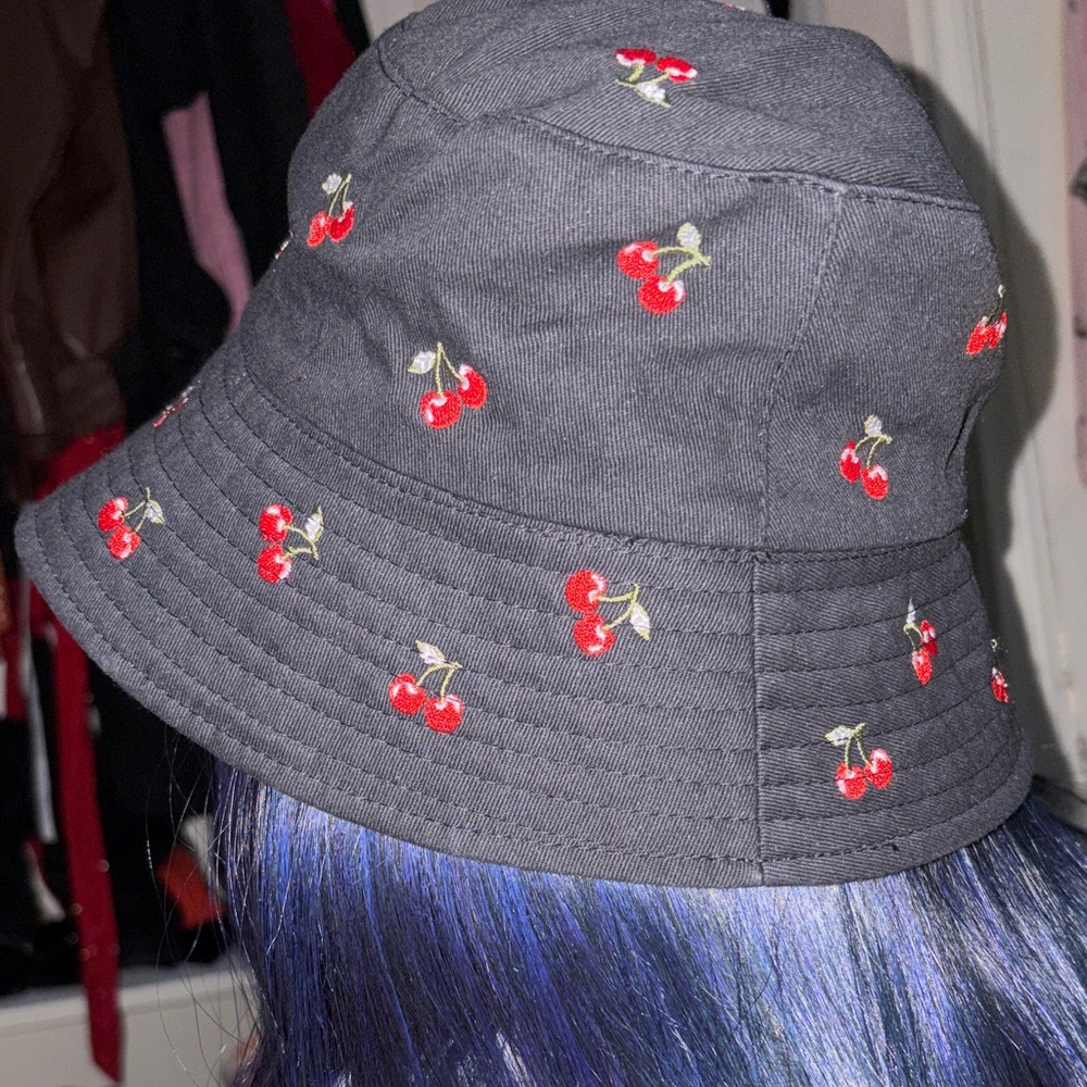 Cherry Embroidered Black Bucket Hat